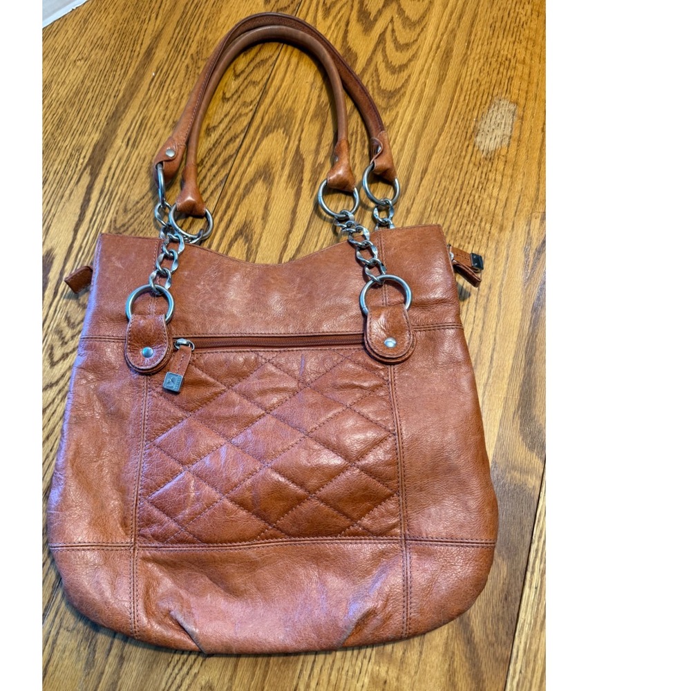 Soprano Cognac Brown Leather Quilted Shoulder Bag Leopard Lining Silver Hardware